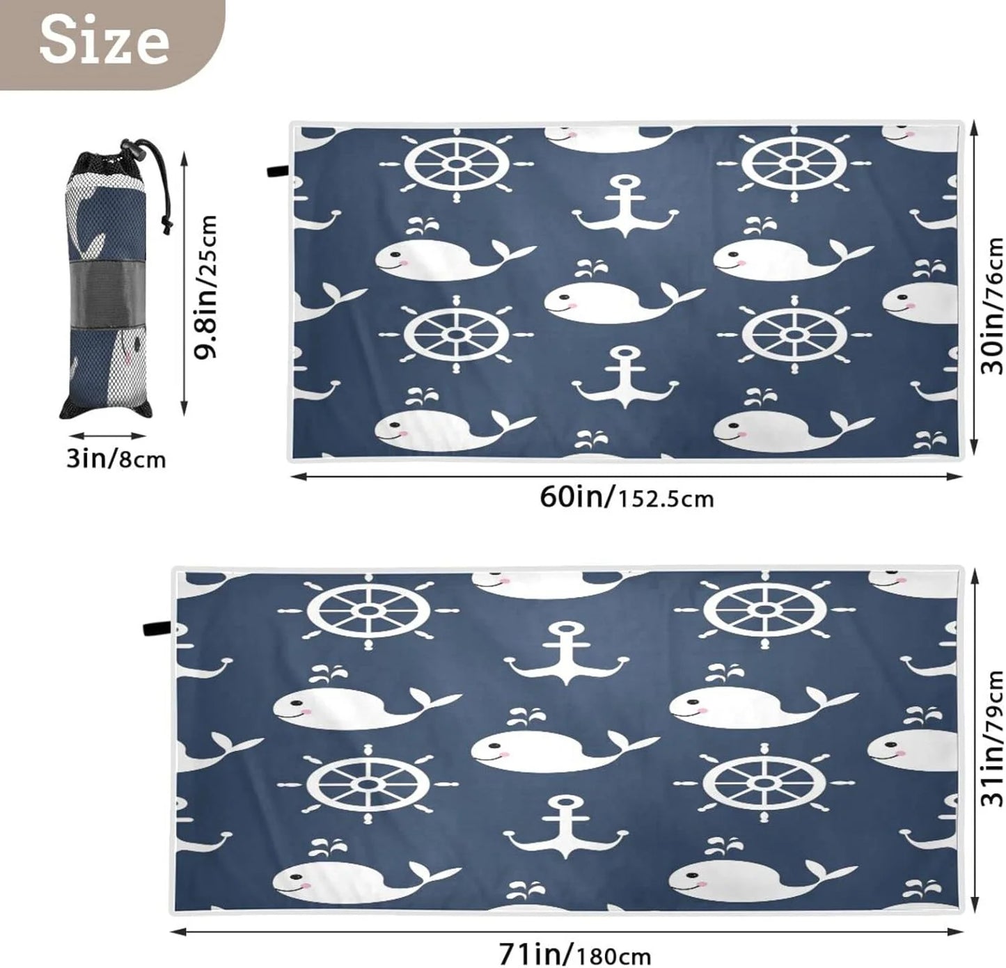 Bestwell Retro Cartoon Whale Anchor Beach Towel - Super Absorbent Oversized Travel Towels - Lightweight Compact Quick Dry Towel for Swimming Camping Holiday （429）