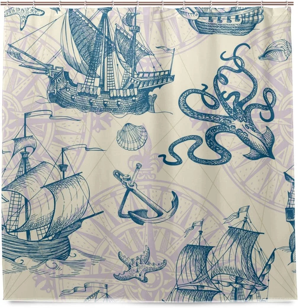 Wellsay Old Caravel Vintage Sailboat Sea Monster Shower Curtain Liner, 72 x 72 Waterproof Fabric Shower Curtains with Hooks for Bathroom Hotel