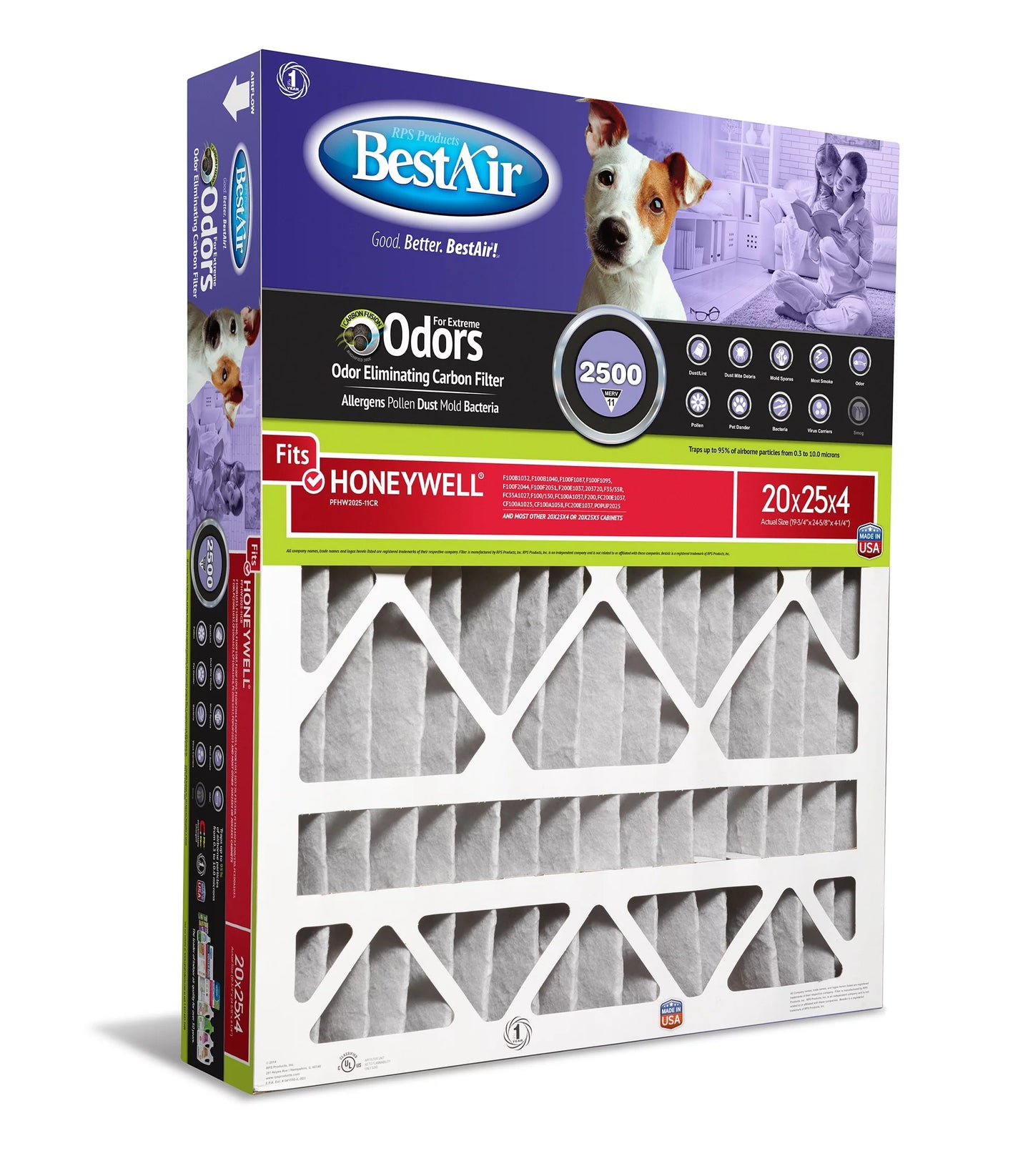 BestAir PFHW2025-11CR Carbon Infused Honeywell 20x25x4 Series 2500 MERV 11 Pet Filter