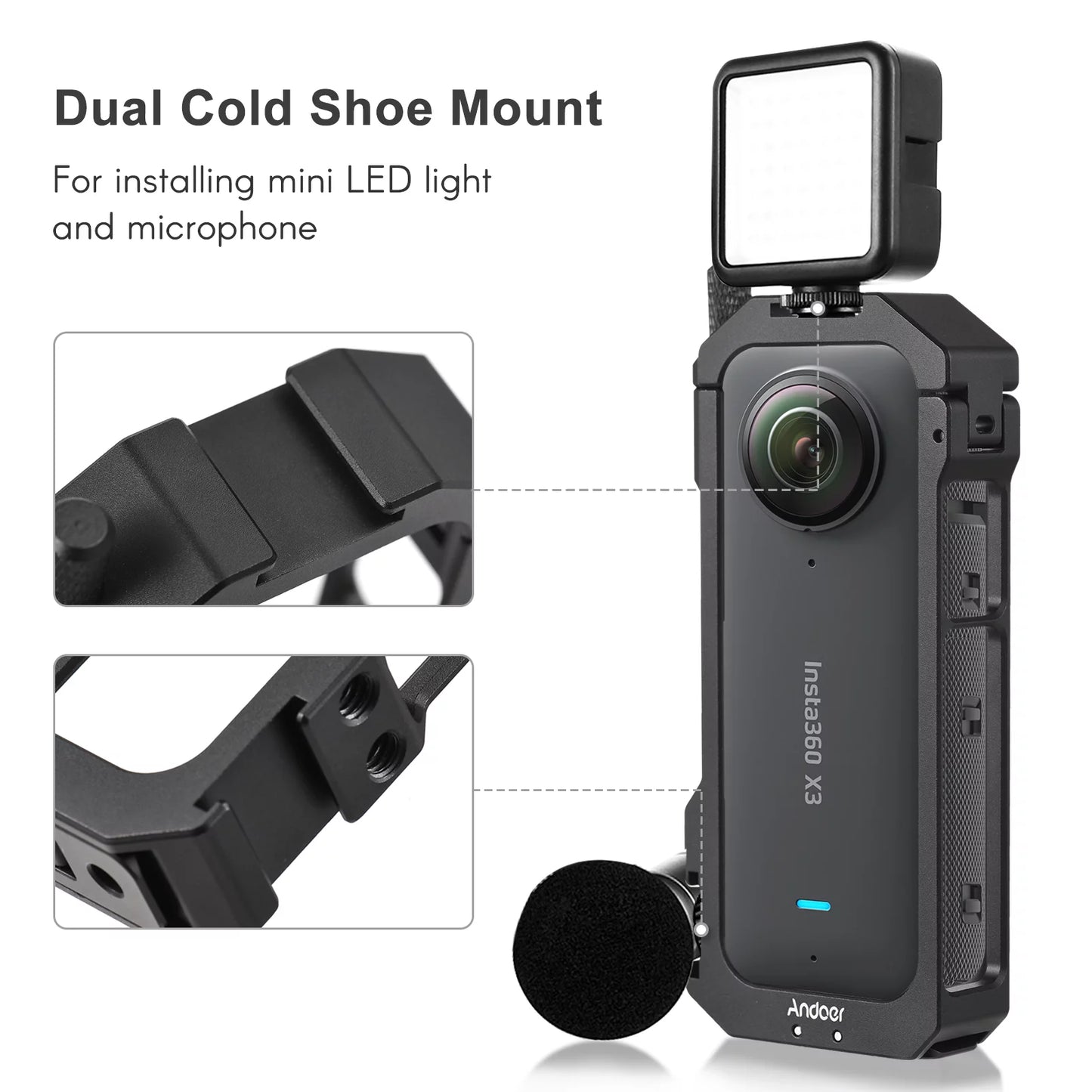 Andoer Aluminum Alloy Panoramic Camera Video Cage - Features Dual Cold Shoe Mounts, Metal Protective Frame, Vlog Accessories, Suitable for Insta360 X3