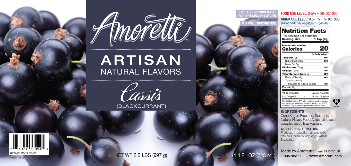 Amoretti - Natural Cassis (Blackcurrant) Artisan 2.2 lbs - Use In Pastry, Savory, Brewing & Ice Cream Applications, Preservative Free, Vegan, Gluten Free, No Artificial Sweeteners, Highly Concentrated