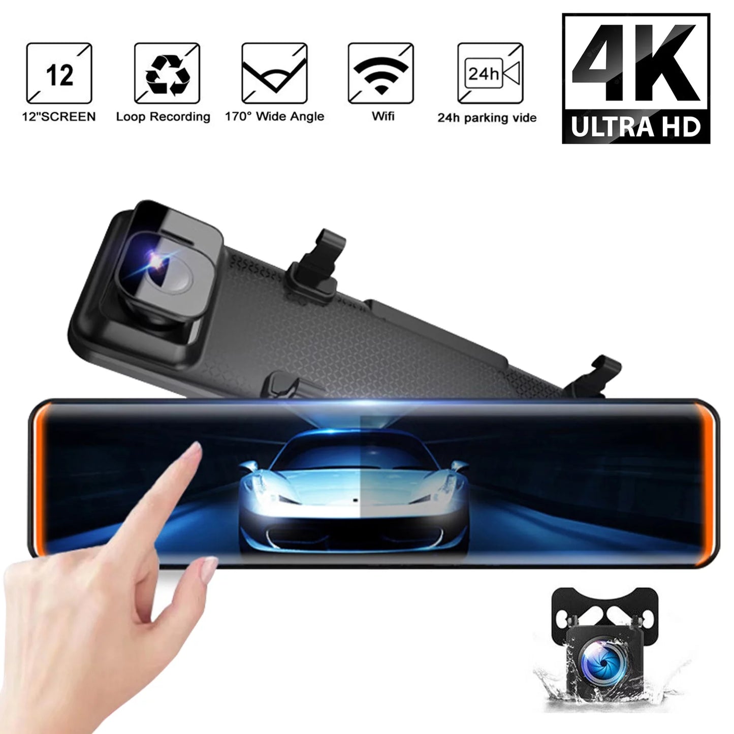 12"Dual Dash Cam GPS Car Rear View Mirror Camera DVR Video Recorder Night Kits