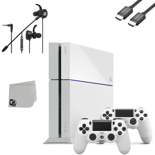 Sony PlayStation 4 Original 500GB Matte White Gaming Console With 2 Controller + T5 Earbuds With Microphone BOLT AXTION Bundle Like New