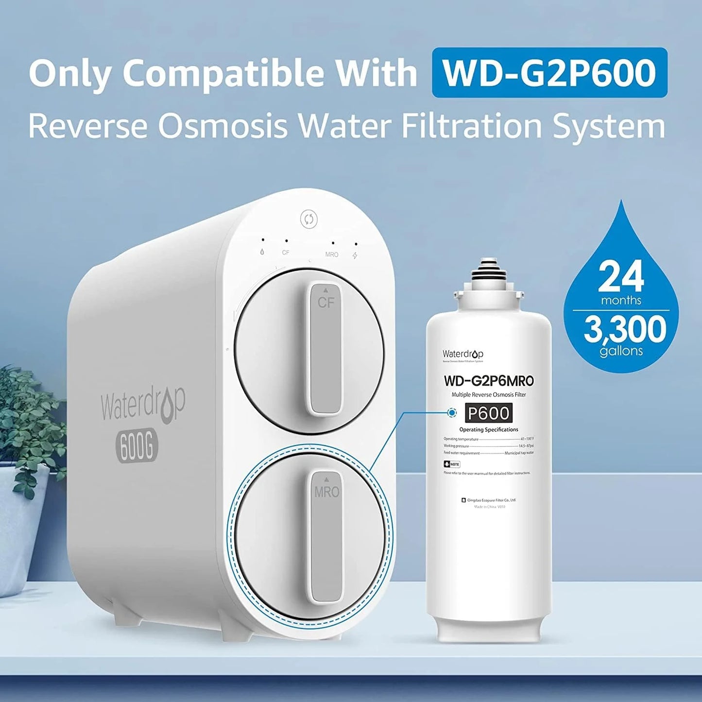 Waterdrop WD-G2P600-RO Filter, Replacement for WD-G2P600-W Reverse Osmosis System, 2-year Lifetime, Reduce PFAS