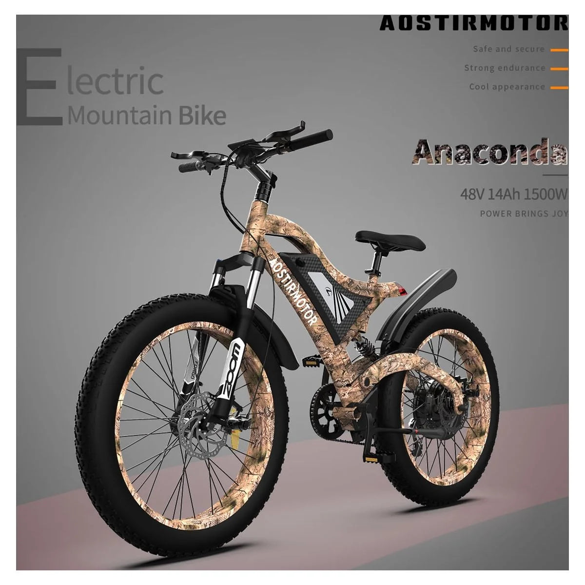 AOSTIRMOTOR 26" 1500W Electric Bike Fat Tire 48V 15AH Removable Lithium Battery for Adults S18-1500W