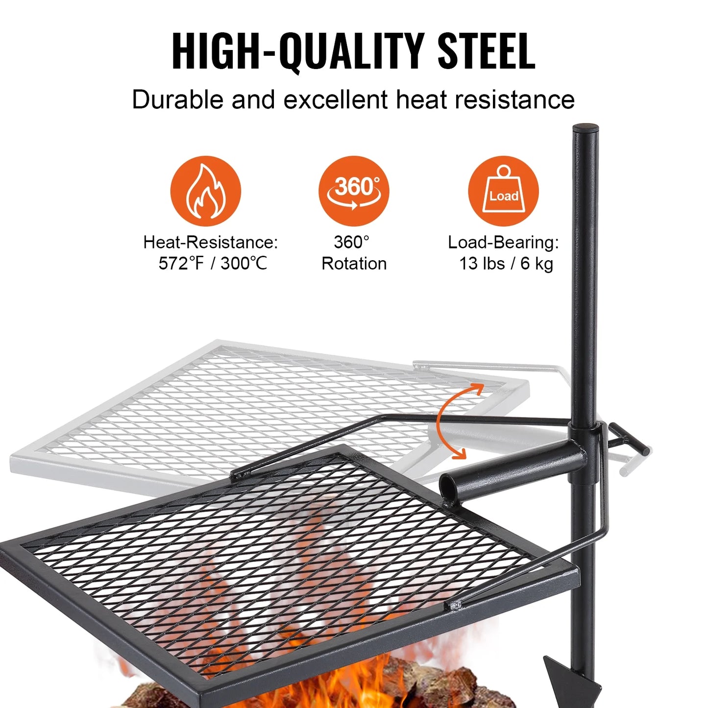 BENTISM Swivel Campfire Grill 16" x 16" Heavy Duty Steel Open Fire Cooking Grate Adjustable