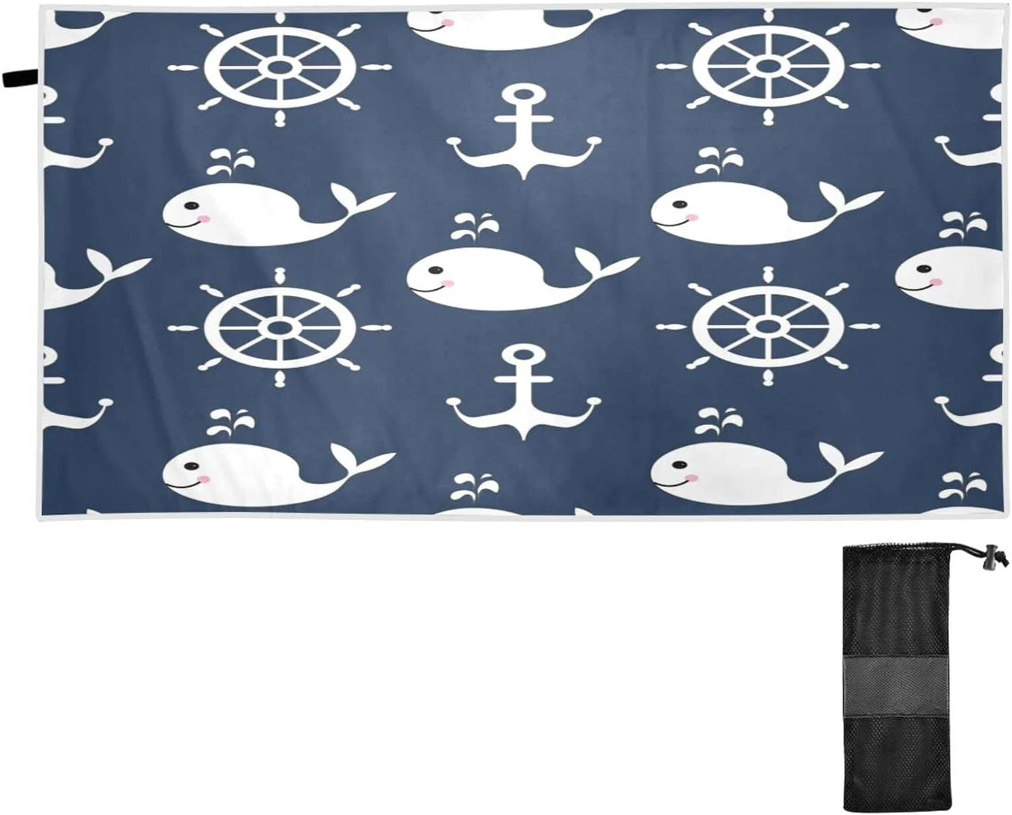 Bestwell Retro Cartoon Whale Anchor Beach Towel - Super Absorbent Oversized Travel Towels - Lightweight Compact Quick Dry Towel for Swimming Camping Holiday （429）