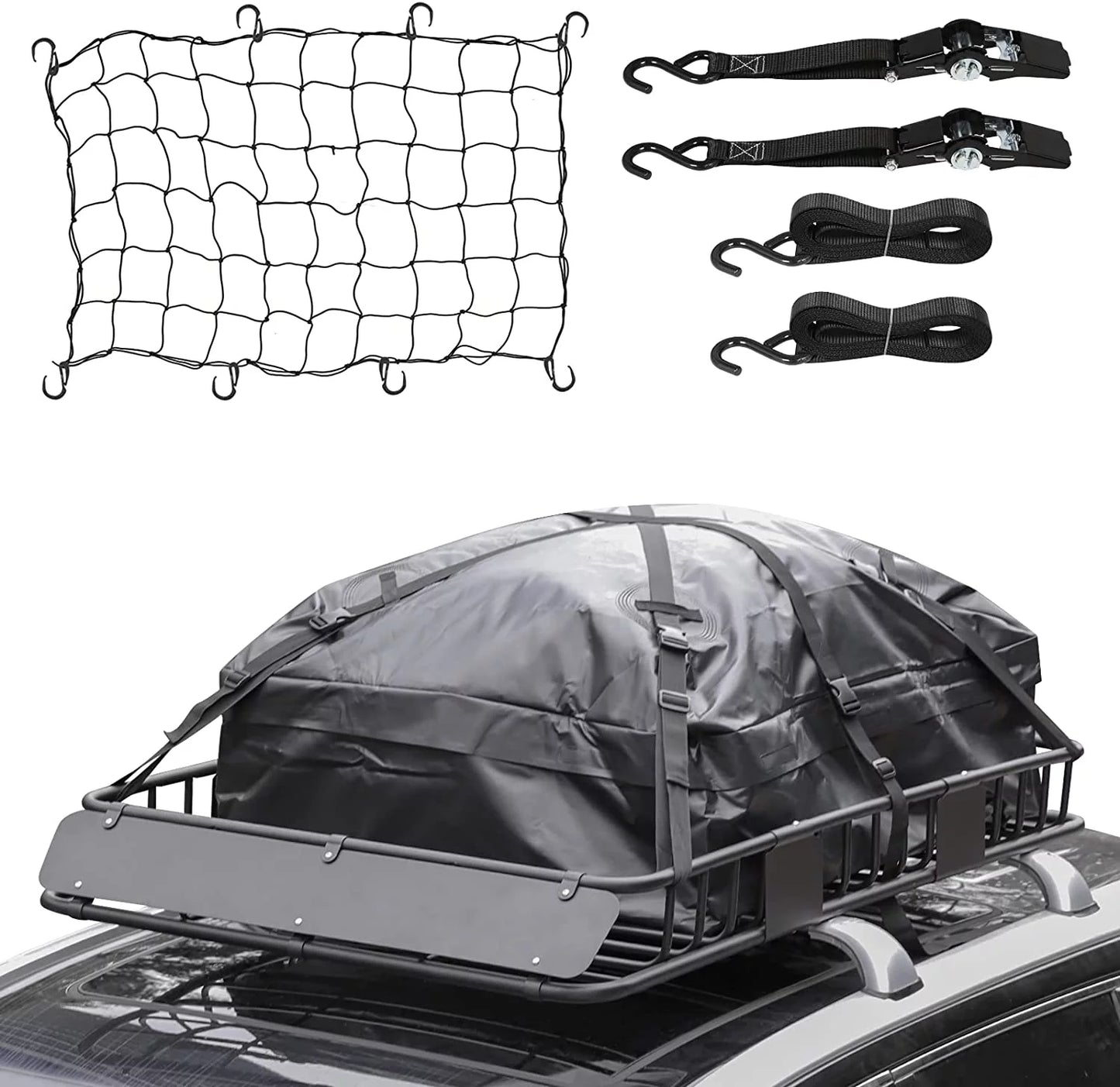 Thten Heavy Duty 64"x 39" Roof Rack, Rooftop Cargo Carrier Basket with Waterproof Bag, Tie Down Strap, Net, Rack Extension and Car Top Luggage Holder for SUV, 150lb Capacity, Steel Construction