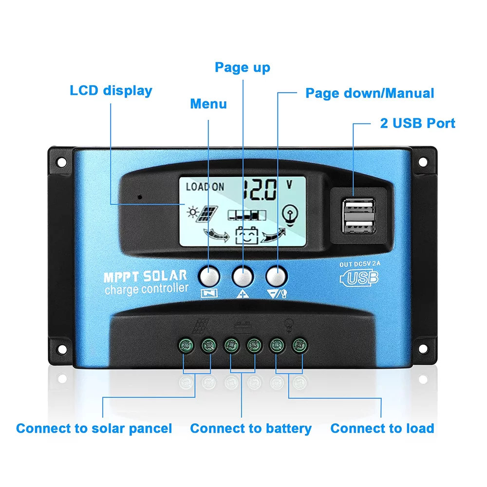 30A MPPT Solar Charger Controller, Solar Panel Regulator Charge Controller, High Charging Efficiency, Dual USB, MCU Control, Build-in Timer(Blue)