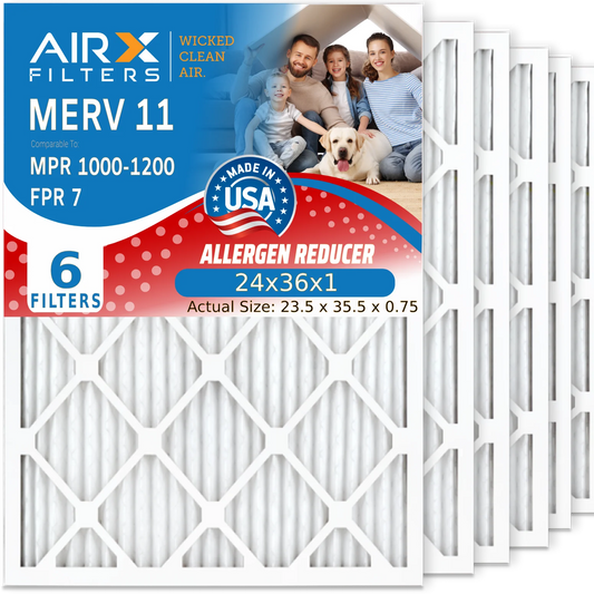 24x36x1 Air Filter MERV 11 Comparable to MPR 1000, MPR 1200 & FPR 7 Electrostatic Pleated Air Conditioner Filter 6 Pack HVAC Premium USA Made 24x36x1 Furnace Filters by AIRX FILTERS WICKED CLEAN AIR.