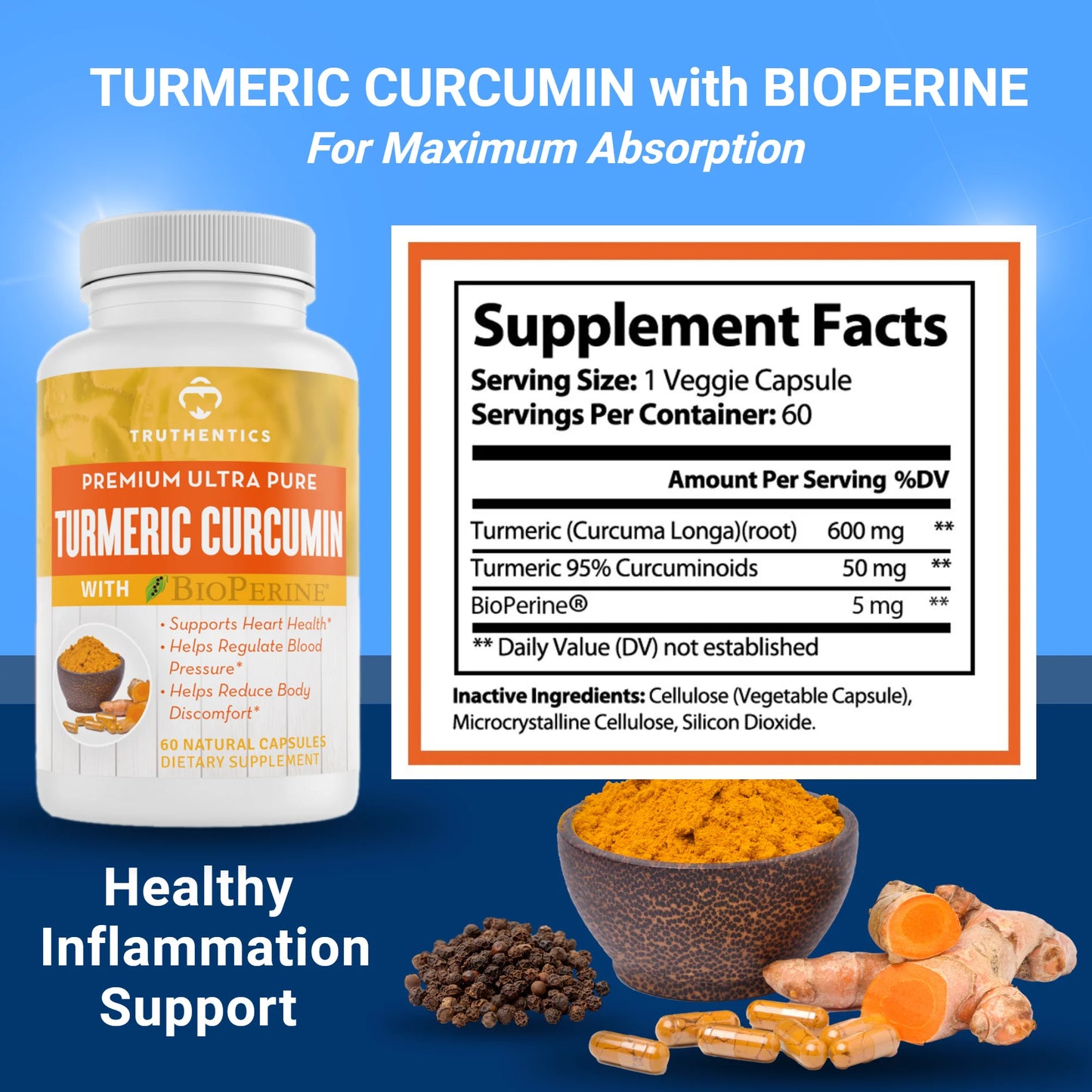 Truthentics Turmeric Curcumin 650mg with Bioperine Plus Triple Strength Omega 3 Fish Oil Bundle - 60 Count Each