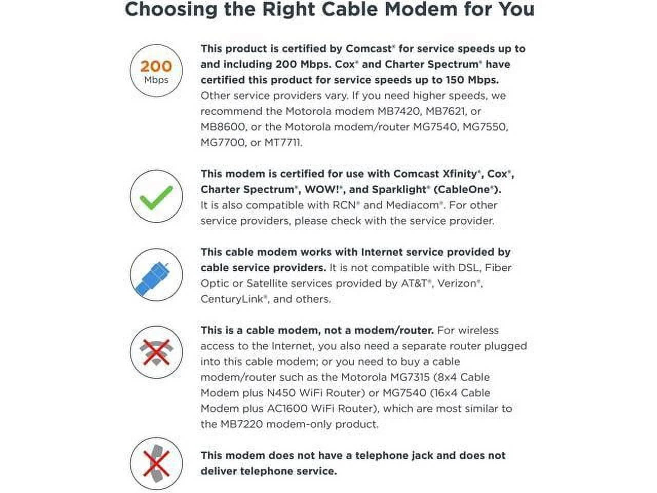 8x4 Cable Modem, Model MB7220, 343 Mbps DOCSIS 3.0, Certified by Comcast XFINITY, Time Warner Cable, Cox, BrightHouse, and More (No Wireless)