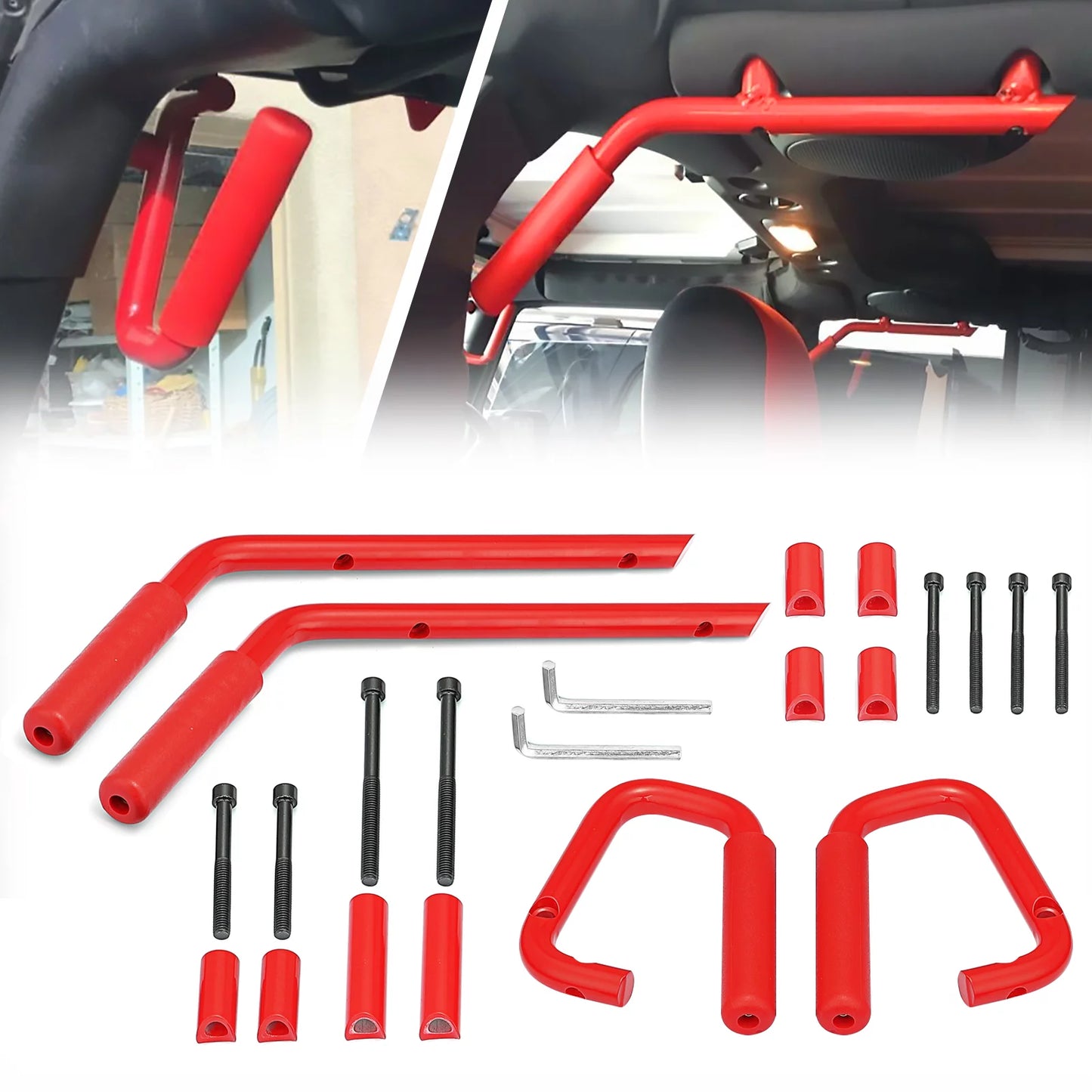 WEISEN- Powder Coated Red Aluminum Full Front & Rear Grab Bar Handles Set for 07-18 Jeep Wrangler JK