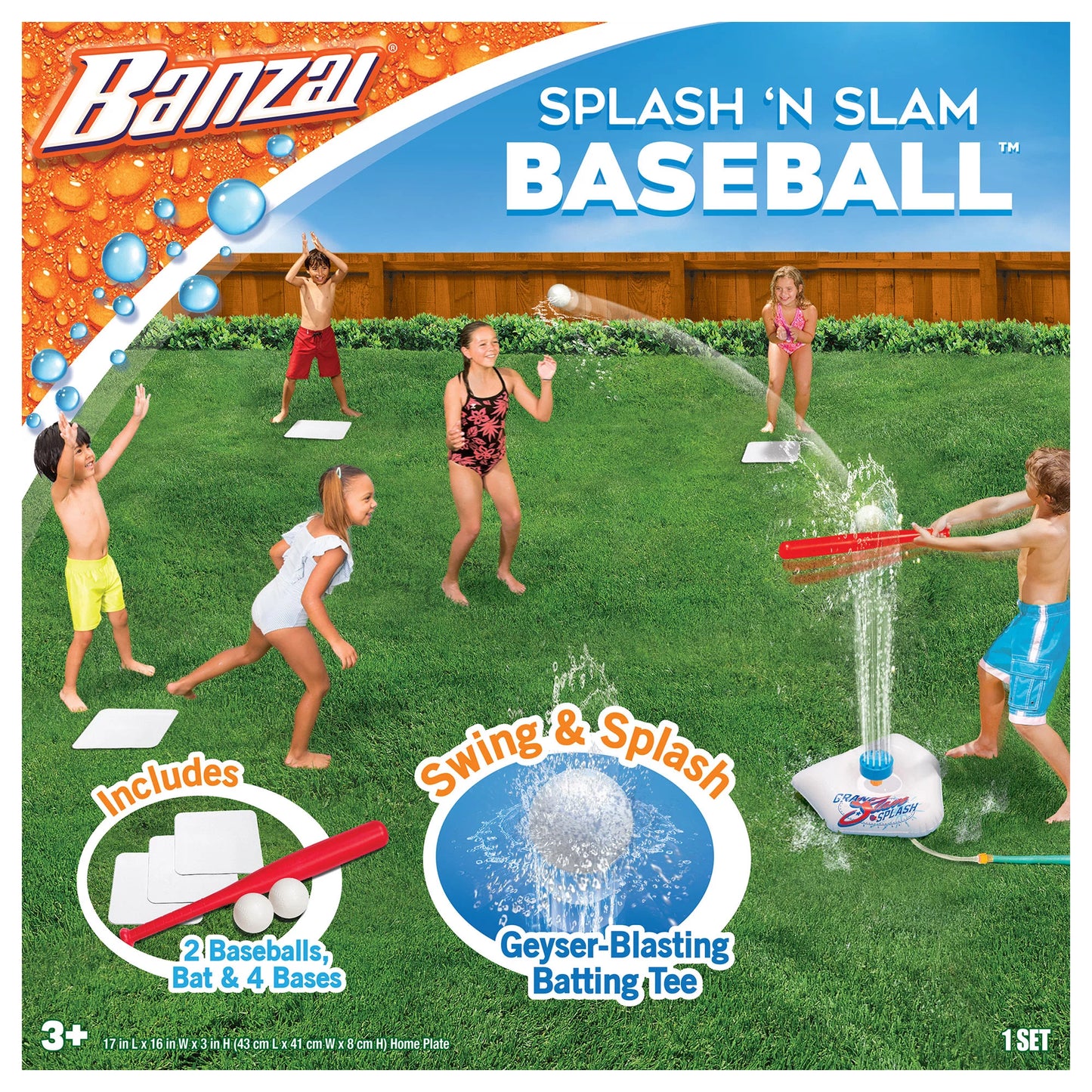 Banzai Splash & Slam Baseball - Tee & Sprinkler Water Sports Game - Includes Plastic Bat + 2 Plastic Balls + Home Plate & Bases, , Backyard Batting Practice, Kids Ages 3