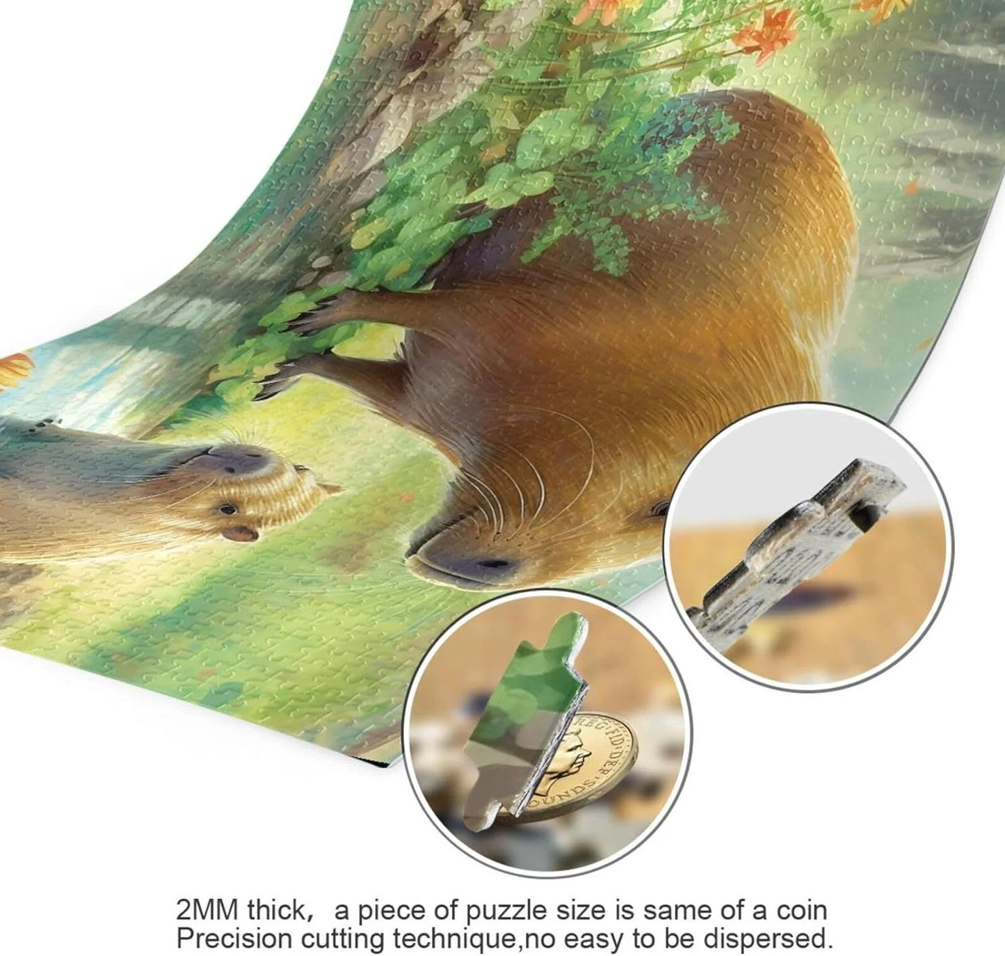 1000 PCS Capybara Family Jigsaw Puzzle, Paper Wood Composite Material Zigsaw with Storage Bag, Puzzle for Adults, Fun Challenging Brain Exercise Family Game Gift for Kids Friends Parents