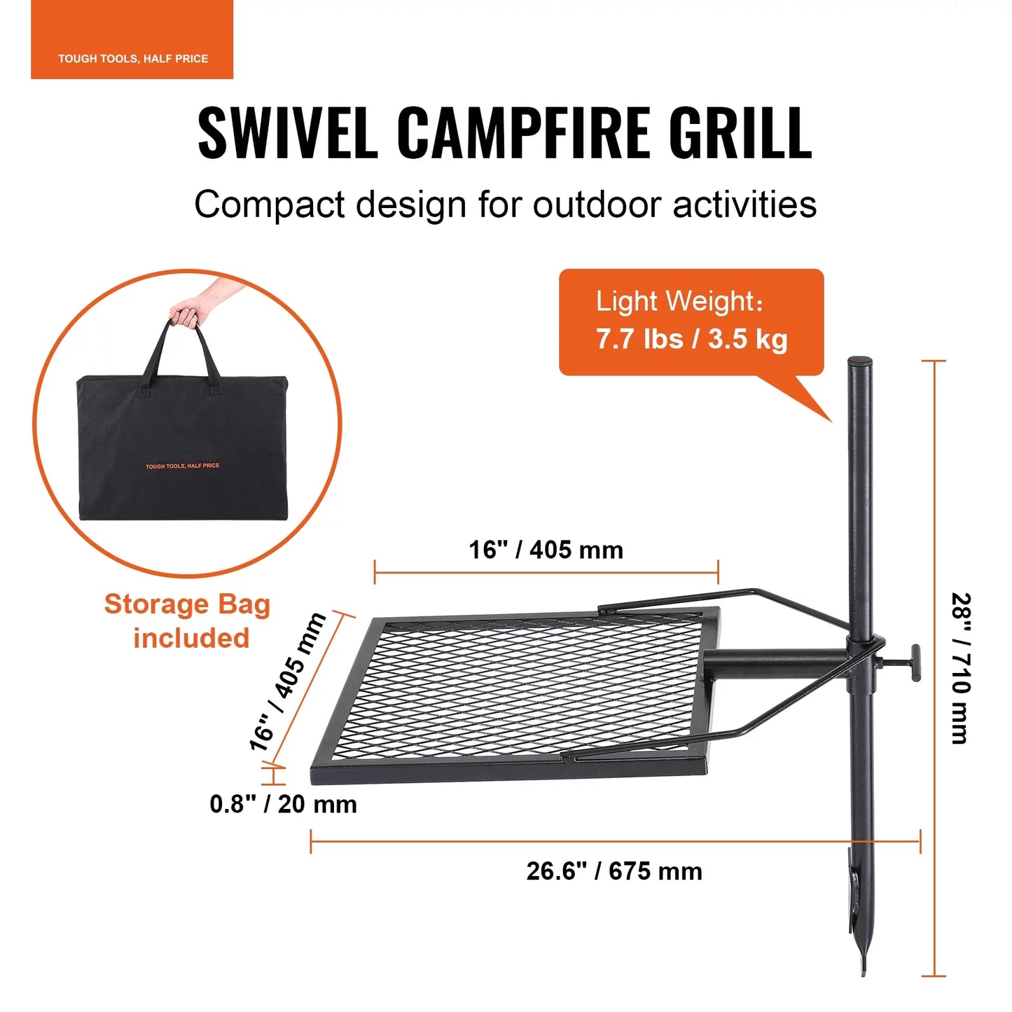 BENTISM Swivel Campfire Grill 16" x 16" Heavy Duty Steel Open Fire Cooking Grate Adjustable