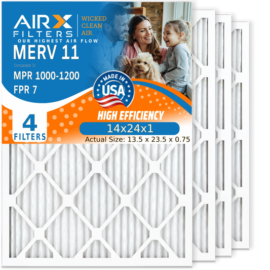 14x24x1 Air Filter MERV 11 Comparable to MPR 1000, MPR 1200 & FPR 7 Electrostatic Pleated Air Conditioner Filter 4 Pack HVAC Premium USA Made 14x24x1 Furnace Filters by AIRX FILTERS WICKED CLEAN AIR.