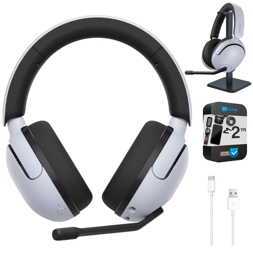 Sony WHG500/W INZONE H5 Wireless Noise Cancelling Gaming Headset, White Bundle with Deco Gear Pro Audio Headphone Stand, 6 Foot USB-A to USB-C Cable & 2 YR CPS Enhanced Protection Pack