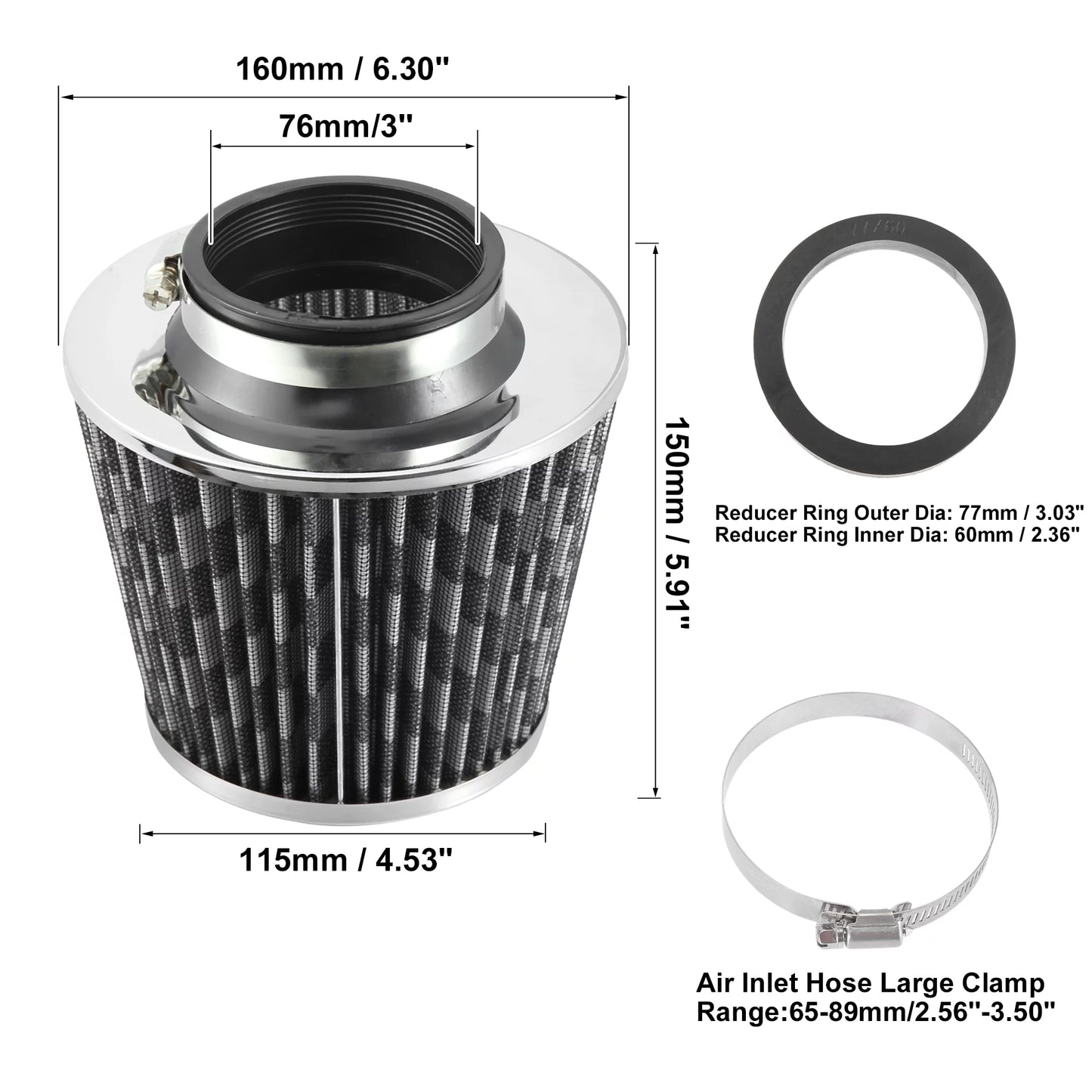 1pcs 2.3" 60mm Reducer Ring Inlet Cold Air Intake Cone Replacement Washable Clamp on Dry Air Filter Carbon Fiber Pattern