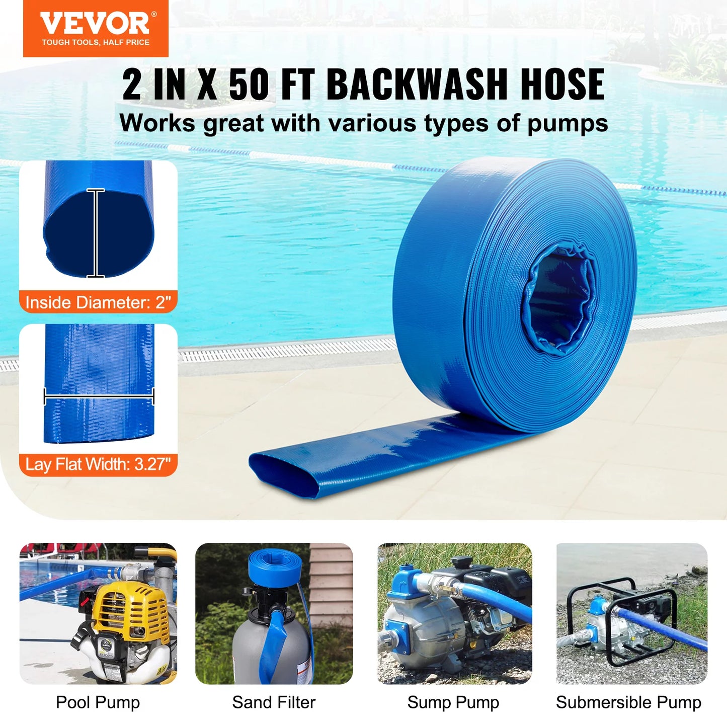 BENTISM Swimming Pool Filter Backwash Hose with Clamps 2'' x 50' Premium PVC Lay Flat Discharge Hose Blue Weather and Chemical Resistant