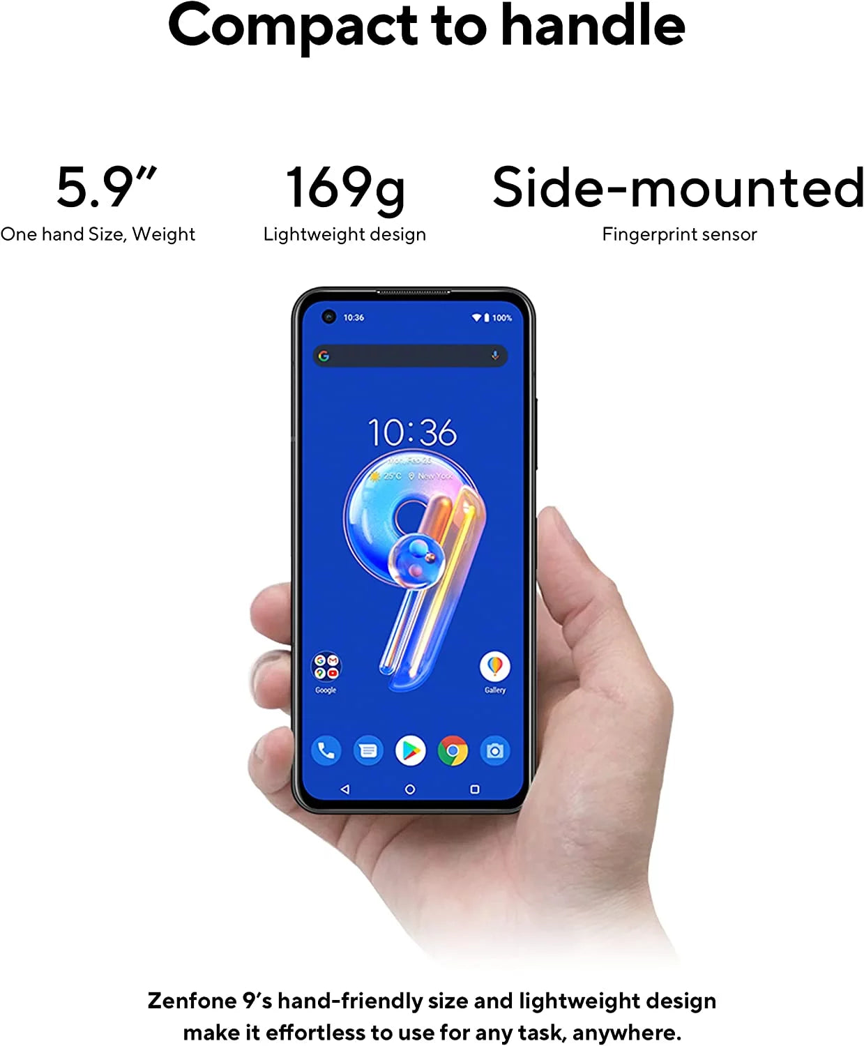 ZenFone 9, 5.9” FHD+ 2400x1080 AMOLED 120Hz, 50MP/12MP Dual Camera, 8GB, 256GB, 5G LTE Unlocked Dual SIM, White, US Version, AI2202-8G256G-WH